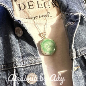 Aura Quartz silver 925 chain medallion /black cord choker necklace apple green